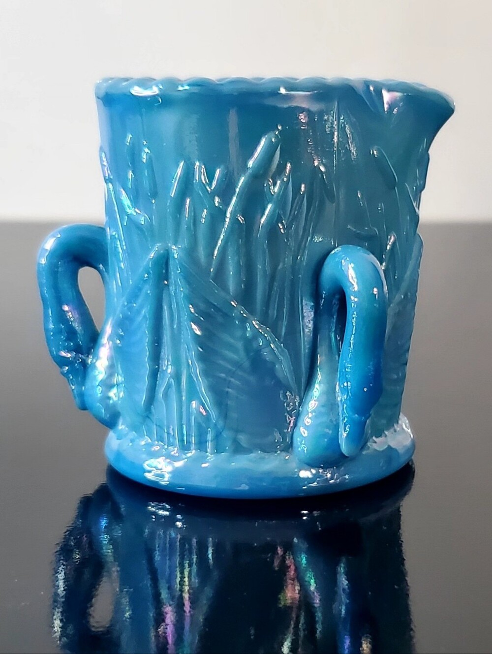 Swans & Cattails Blue Slag Carnival Glass Irredescent Mini Pitcher Toothpicker